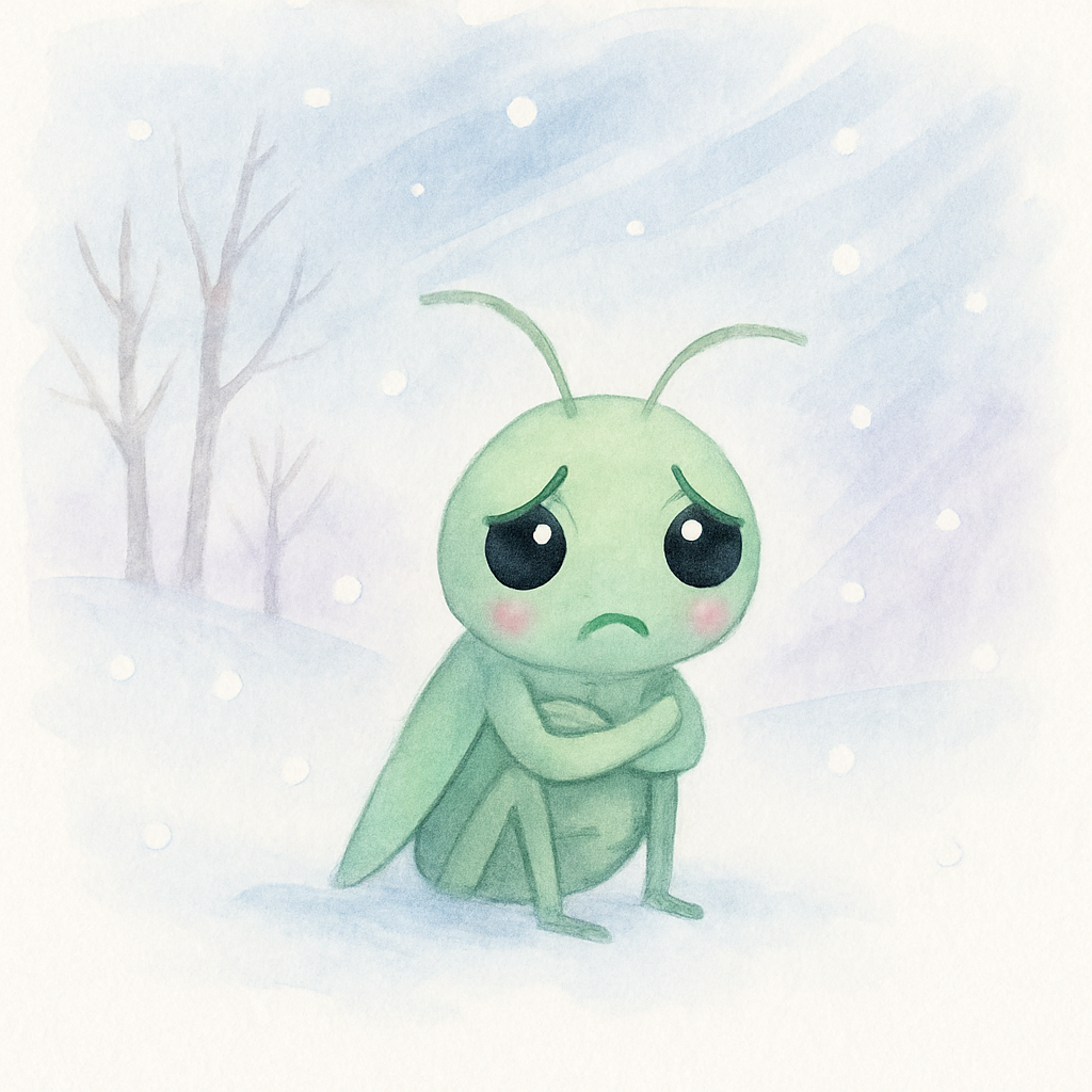 춥고 배고픈 베짱이가 눈 내리는 겨울에 고통스러워하는 장면